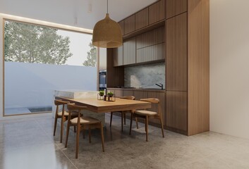 Minimal wooden kitchen and dining table. 3D illustration rendering