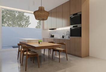 Minimal wooden kitchen and dining table. 3D illustration rendering