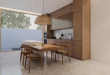 Minimal wooden kitchen and dining table. 3D illustration rendering