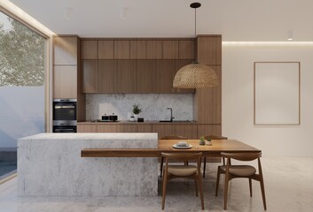 Minimal wooden kitchen and dining table. 3D illustration rendering