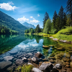 Fototapeta na wymiar A serene and tranquil scene of a beautiful natural landscape, featuring a calm lake surrounded by lush greenery and majestic mountains in the background.