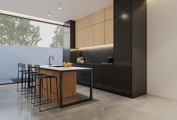 Minimal wooden kitchen and dining table. 3D illustration rendering