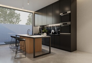 Minimal wooden kitchen and dining table. 3D illustration rendering