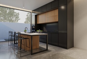 Minimal wooden kitchen and dining table. 3D illustration rendering