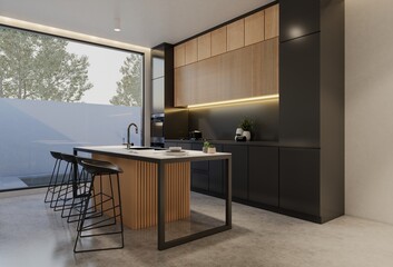 Minimal wooden kitchen and dining table. 3D illustration rendering