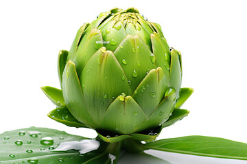 Fototapeta premium hyperrealistic high-definition image of an artichoke with some drops of dew on it on a white background isolated PNG
