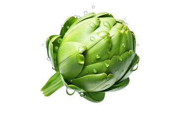 hyperrealistic high-definition image of an artichoke with some drops of dew on it on a white background isolated PNG