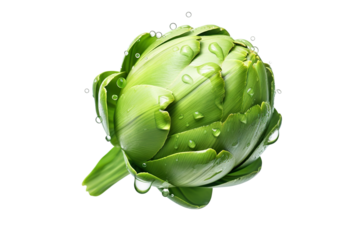 hyperrealistic high-definition image of an artichoke with some drops of dew on it on a white background isolated PNG