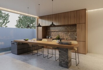 Minimal wooden kitchen and dining table. 3D illustration rendering