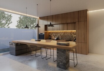 Minimal wooden kitchen and dining table. 3D illustration rendering