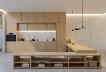 Animated Minimal wooden kitchen and dining table. 3D illustration rendering