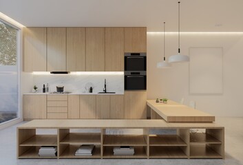 Animated Minimal wooden kitchen and dining table. 3D illustration rendering