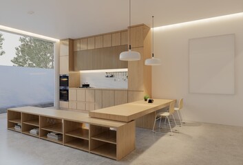 Minimal wooden kitchen and dining table. 3D illustration rendering
