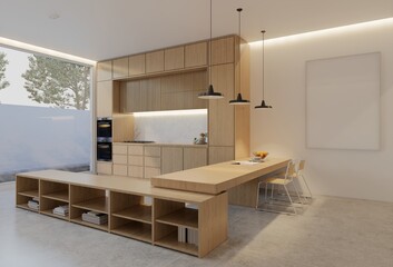 Minimal wooden kitchen and dining table. 3D illustration rendering