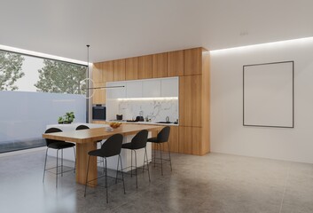 Minimal wooden kitchen and dining table. 3D illustration rendering