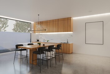 Minimal wooden kitchen and dining table. 3D illustration rendering