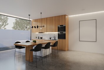 Minimal wooden kitchen and dining table. 3D illustration rendering