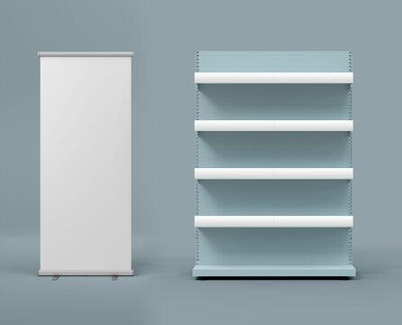 Product display shelf stand with roll up stand 3D illustration