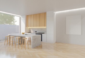 Minimal wooden kitchen and dining table. 3D illustration rendering