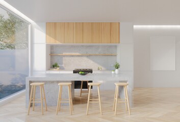 Minimal wooden kitchen and dining table. 3D illustration rendering