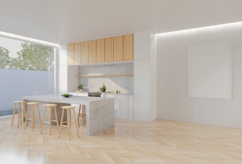 Minimal wooden kitchen and dining table. 3D illustration rendering