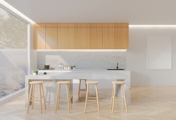 Minimal wooden kitchen and dining table. 3D illustration rendering