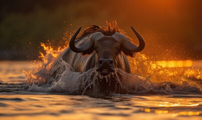 A water buffalo splashing through the water at sunset