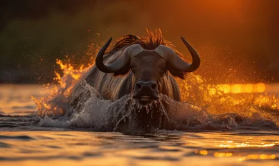 Peel and stick wall murals Buffalo A water buffalo splashing through the water at sunset