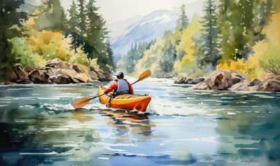 A man paddling a canoe down a river - obrazy, fototapety, plakaty