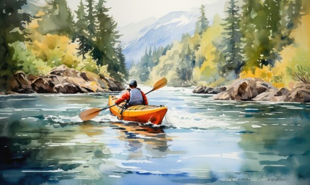A man paddling a canoe down a river