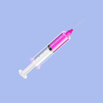 Vector syringe with pink liquid. syringe with needle for medical drug injection, vaccine for care and treatment