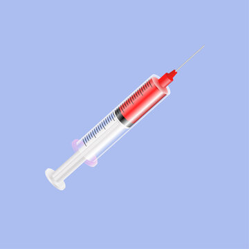 Vector syringe with red liquid. syringe with needle for medical drug injection, vaccine for care and treatment