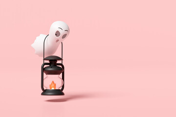 3d halloween day concept with cute ghost, storm lantern isolated on pink background. 3d render illustration