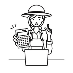 a farmer woman recommending, proposing, showing estimates and pointing a calculator with a smile in front of laptop pc