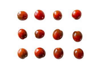 Closeup of fresh juicy organic red cherry tomatoes from the garden without shadows isolated on a transparent background from above, top view