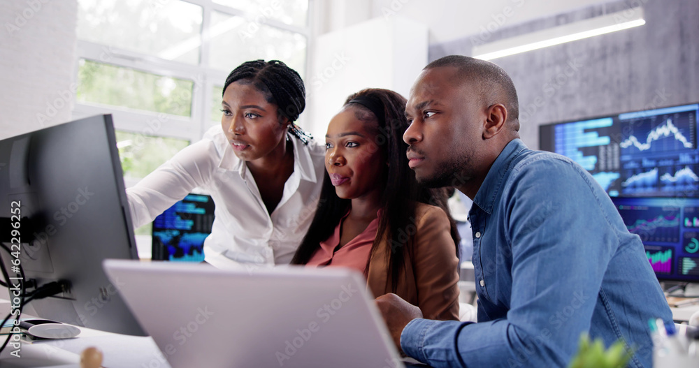Poster african financial data analysts using dashboard on screens