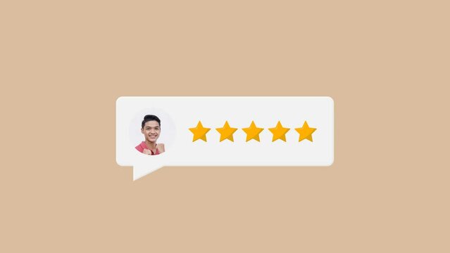 Animated chatbox intro and outro - A satisfied customer leaving a 5-star review in the comment section of a forum, page or online shopping website. Tan background.