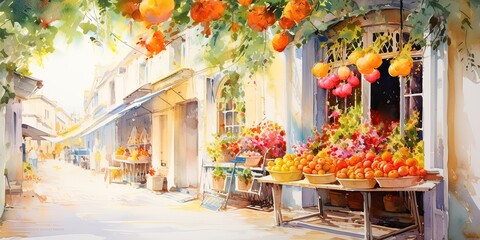 watercolor of fruits shop, generative AI