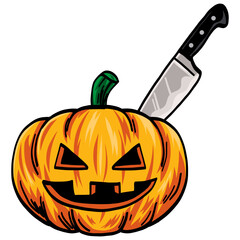 Pumpkin with a Knife in Head Halloween Vector Illustration
