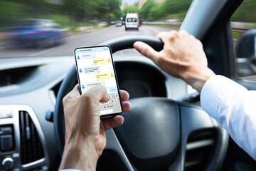 Man Typing Text Message On Mobile Phone While Driving Car