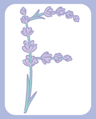 ラベンダーの花のスケッチ風、デザイン文字。「F」。ベクター素材。