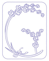 ラベンダーの花のスケッチ風、デザイン文字。「G」。ベクター素材。
