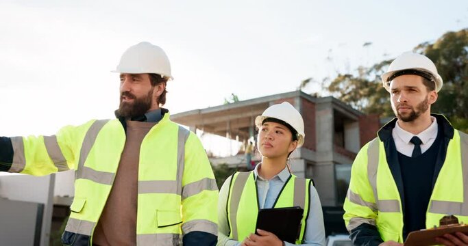Architecture, manager walking or engineering team on construction site for building or maintenance. Leader, teamwork or architect in discussion, conversation or speaking of a project management plan