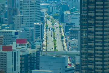 A high angle cityscape near the highway in Osaka