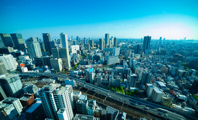 A panorama cityscape near the railway in Osaka wide shot