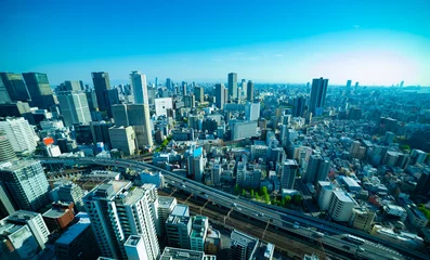 Foto auf Acrylglas Grün blau A panorama cityscape near the railway in Osaka wide shot