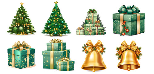 Sticker, Clipart set of green christmas tree, golden bell and gift box on transparent background, generated ai