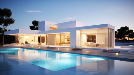 Fototapeta na wymiar Exterior of modern minimalist white villa with swimming pool