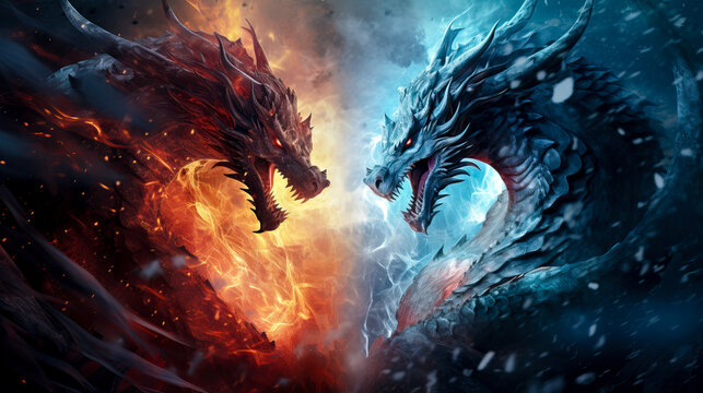 Fire vs Ice: Majestic Dragons Ready for Battle in Seamless Contrast. Dragon Themed Background