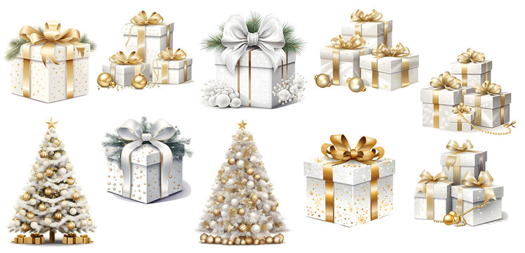 Sticker, Clipart set of golden christmas tree and gift box on transparent background, generated ai